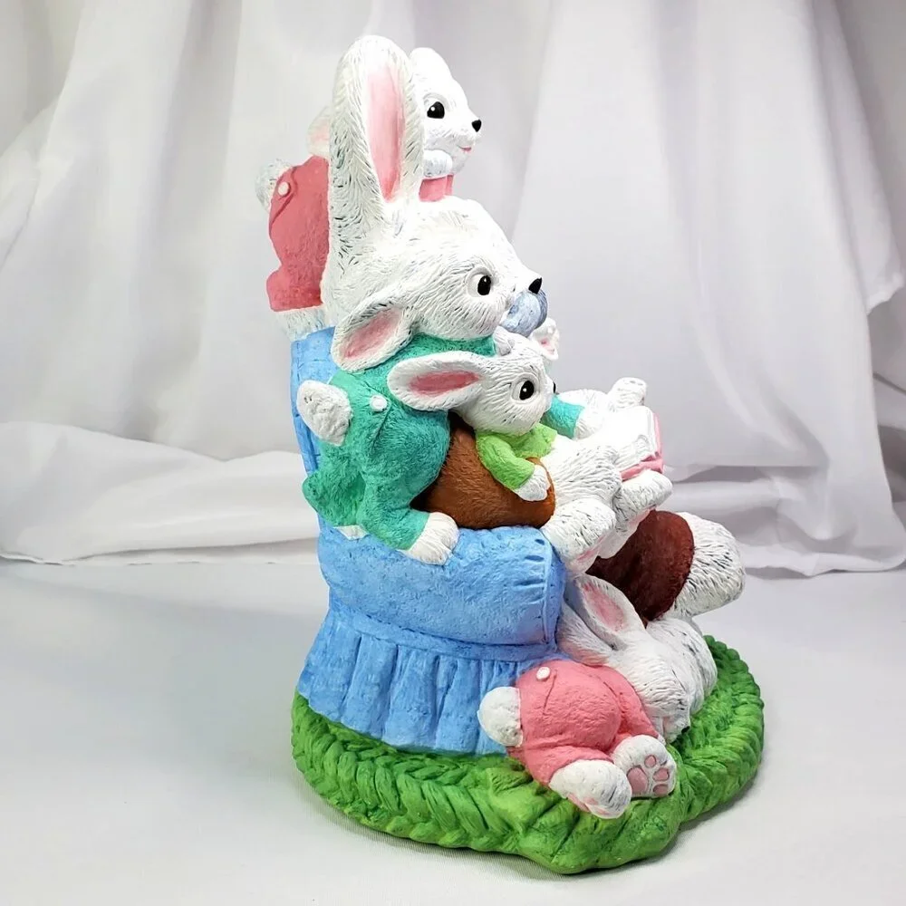 VTG 1994 Easter Bunny Rabbits Grandpa & Kids Large Ceramic Decoration 10